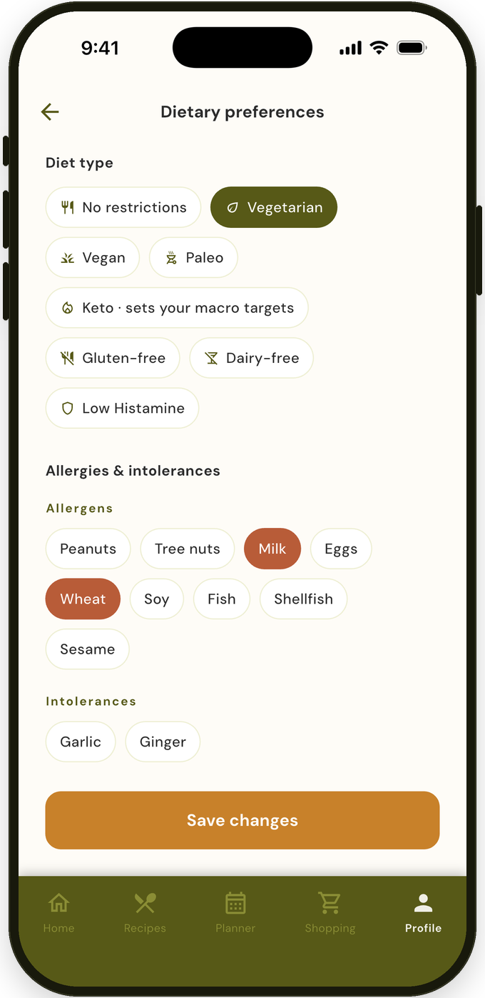 Prepwell onboarding: choose allergens to keep out of every plan, including peanuts, tree nuts, milk, eggs, wheat, soy, fish, shellfish, and sesame