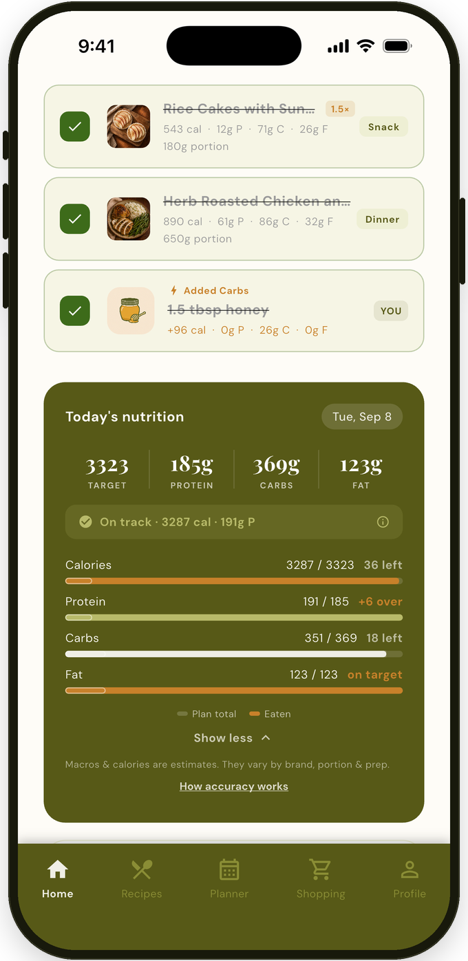 Meal log with three meals logged and today's nutrition on track