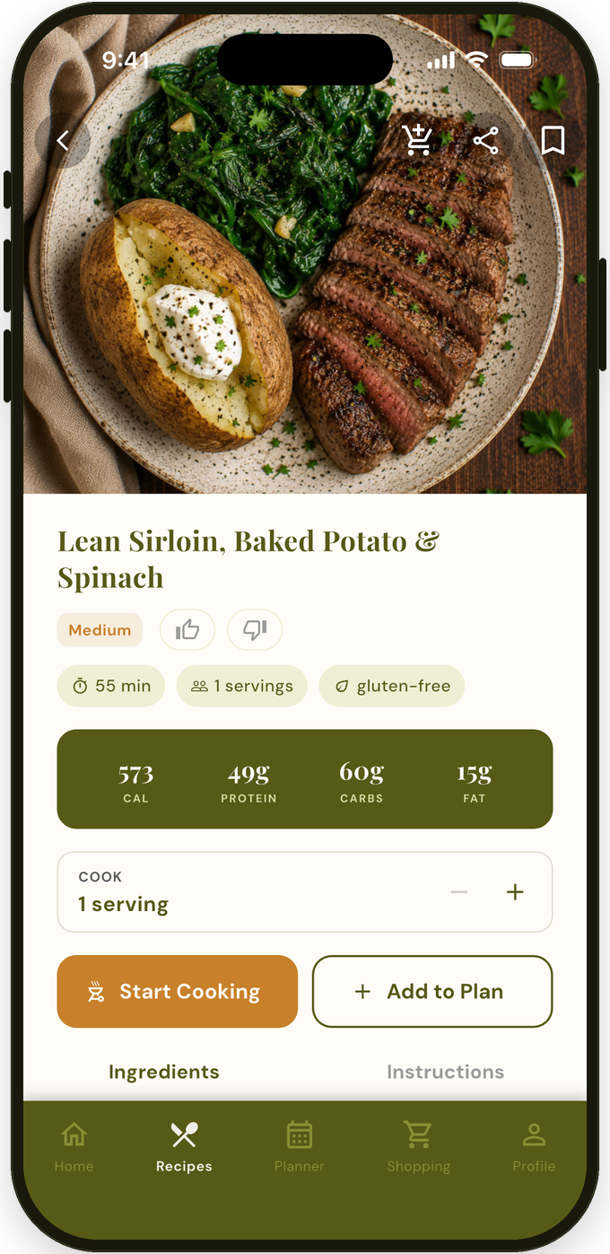 Recipe detail with Start Cooking and Add to Plan