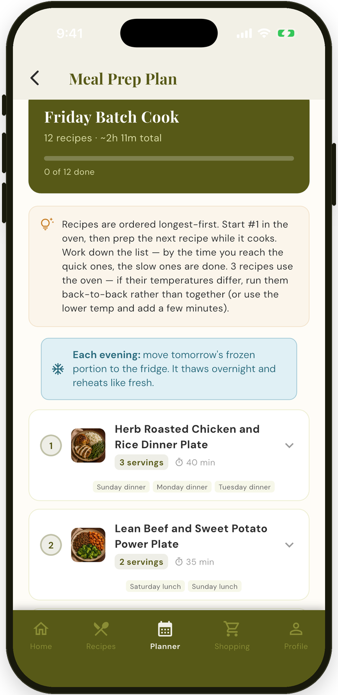A Prepwell meal prep plan with a batch cook session sequenced so everything finishes together