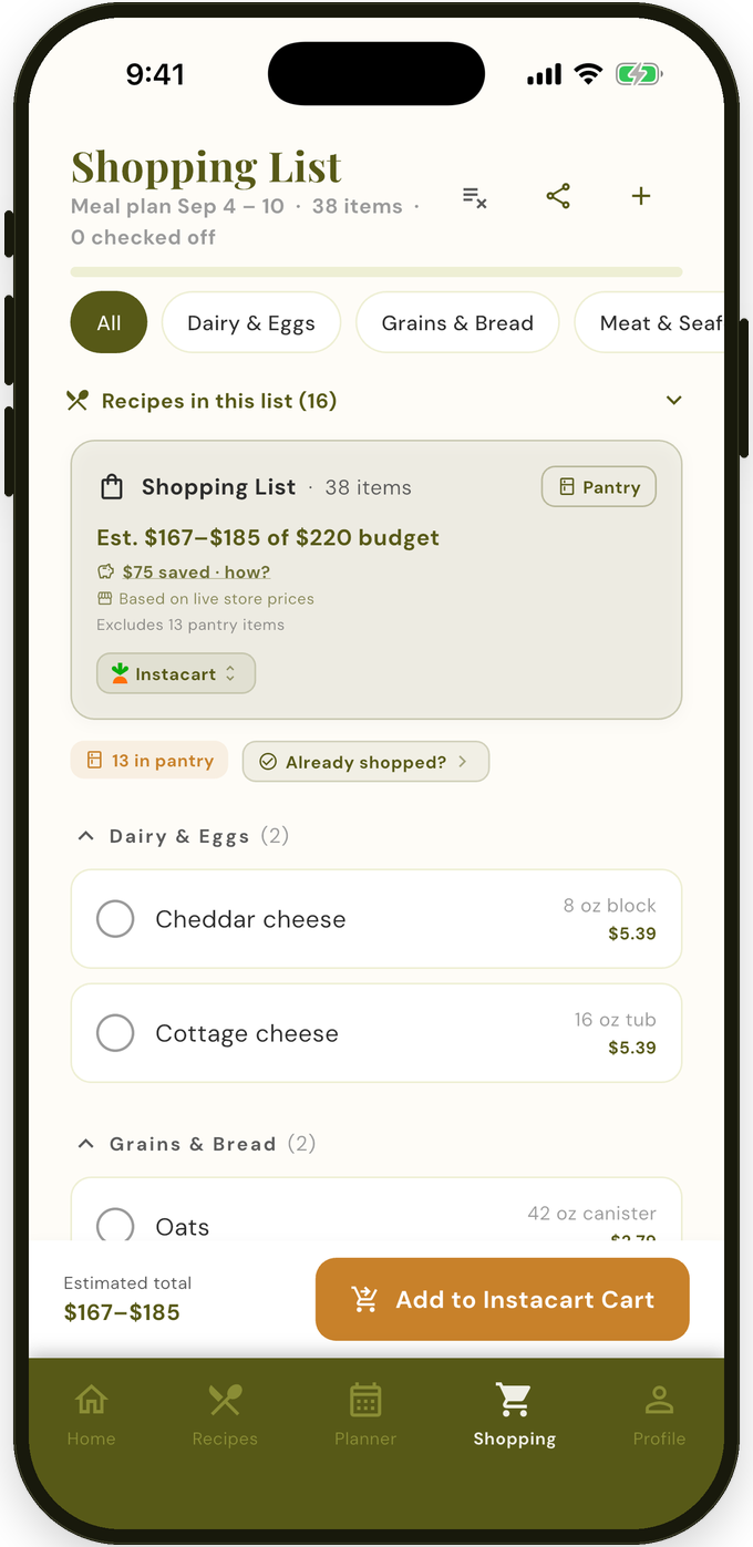Shopping list grouped by aisle with the estimated weekly total