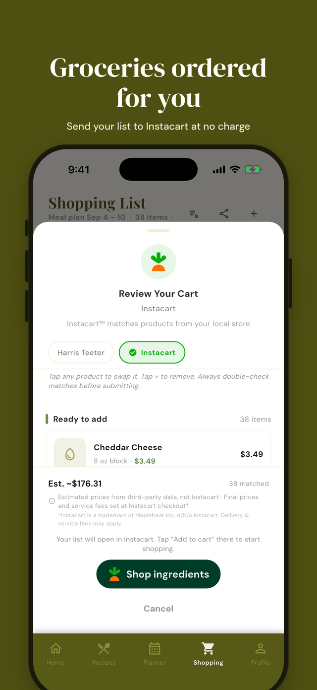 Prepwell app screenshot: Instacart ordering