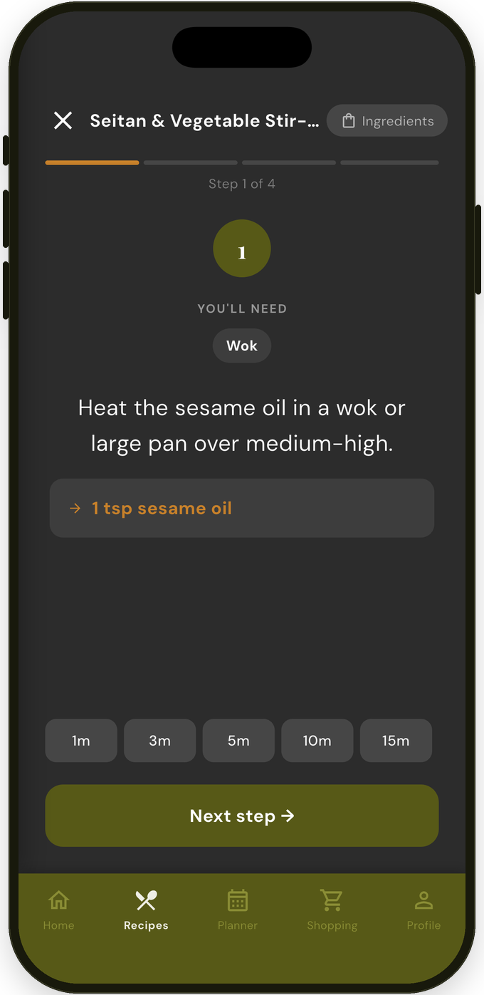 Cook mode showing one step, its ingredient, and timer chips