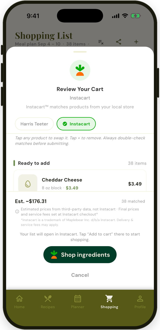 Review Your Cart screen with the week's groceries matched and ready to send