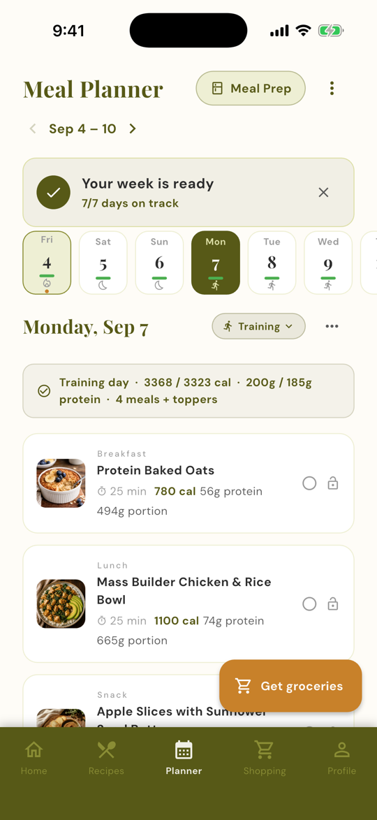 Prepwell app screenshot: Week planner