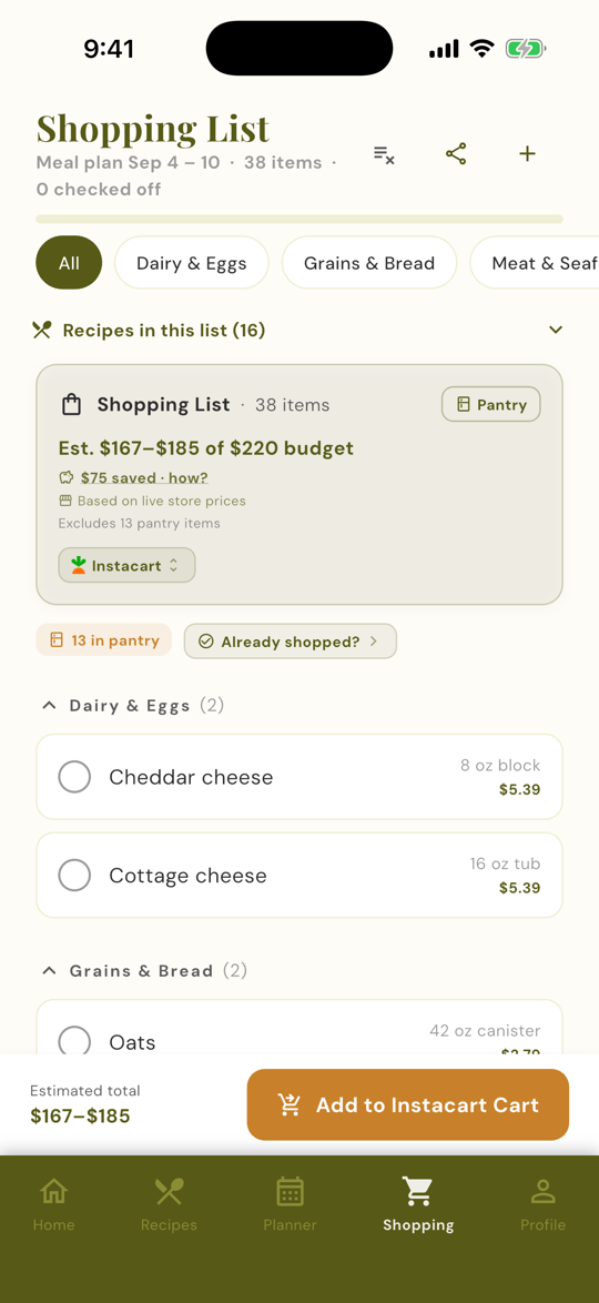 Prepwell app screenshot: Grocery list with estimated cost