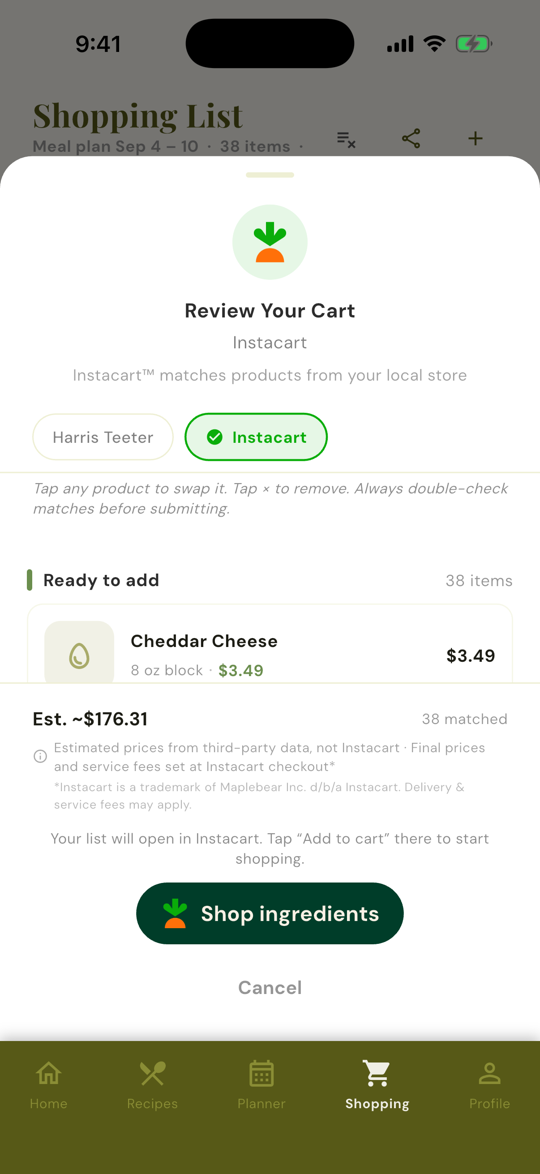 Prepwell app screenshot: Instacart handoff