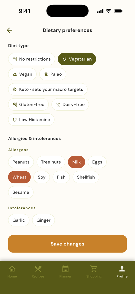 Prepwell app screenshot: Diets and allergens