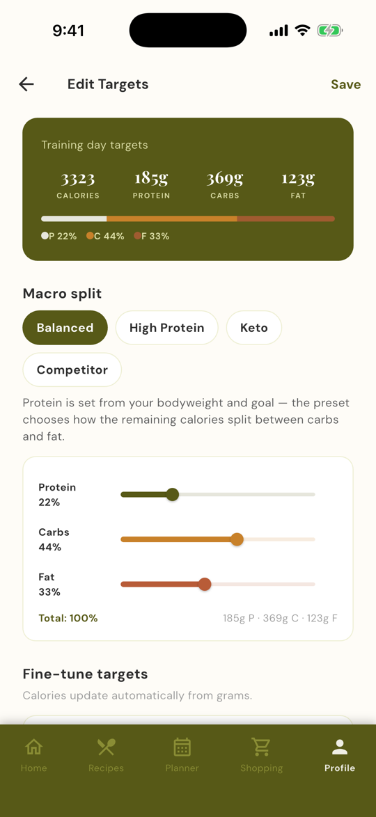 Prepwell app screenshot: Targets and macro split